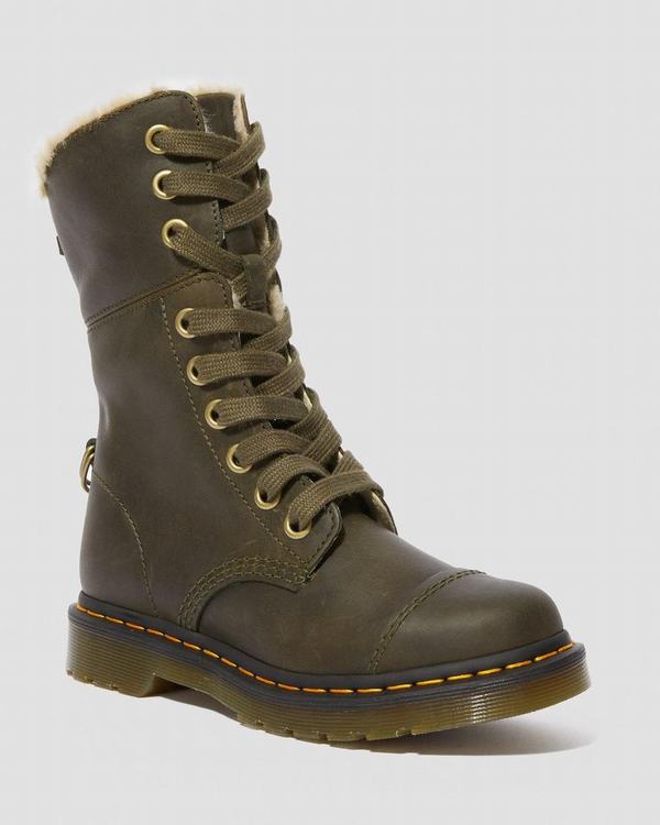 Dr Martens Dámské Zimni Boty Fur-lined Aimilita Olivy Zelené, CZ-405637